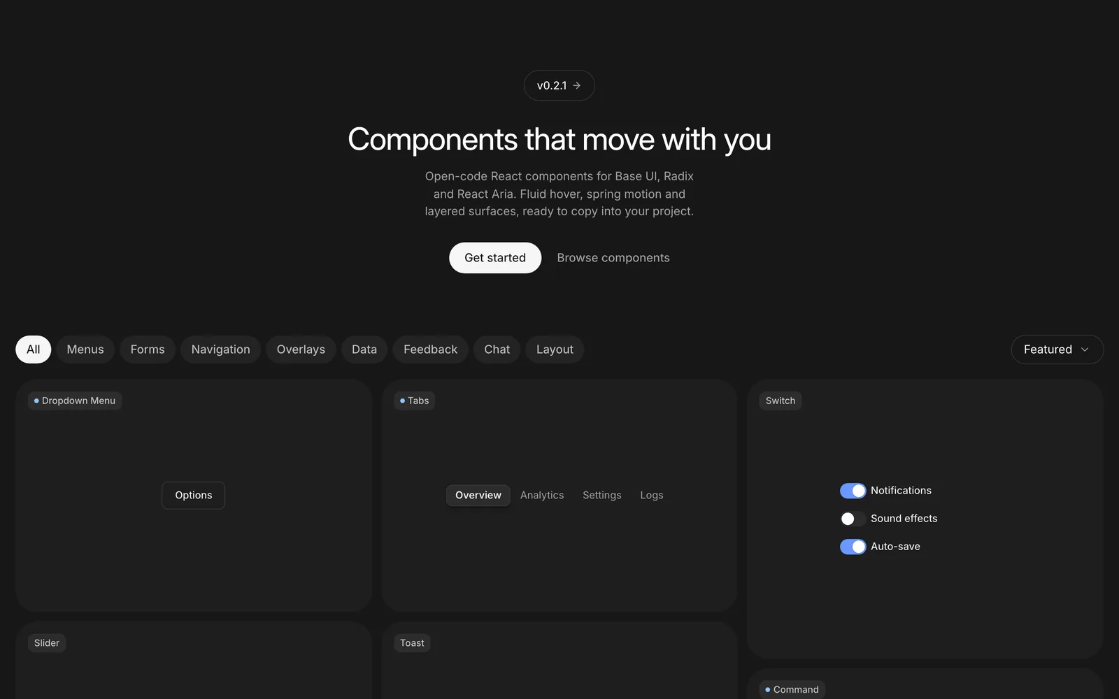 The Fabricator UI homepage in dark mode: version 0.2.1, the headline Components that move with you, category filters, and the first live demos: a dropdown menu, tabs and switches.