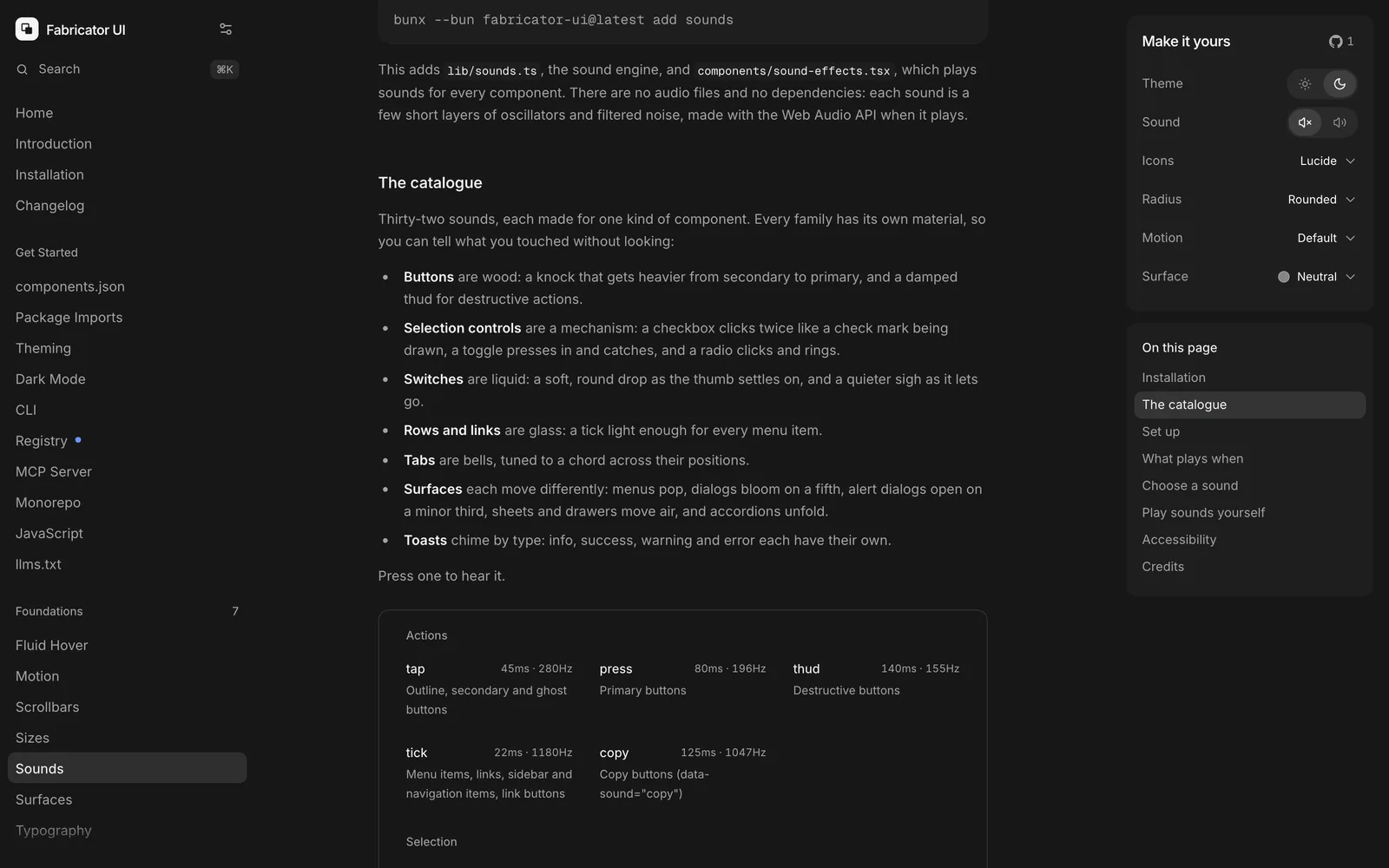 The Sounds page of the docs: the catalogue, one material per family of components, above a playable table of sounds with their lengths and pitches.
