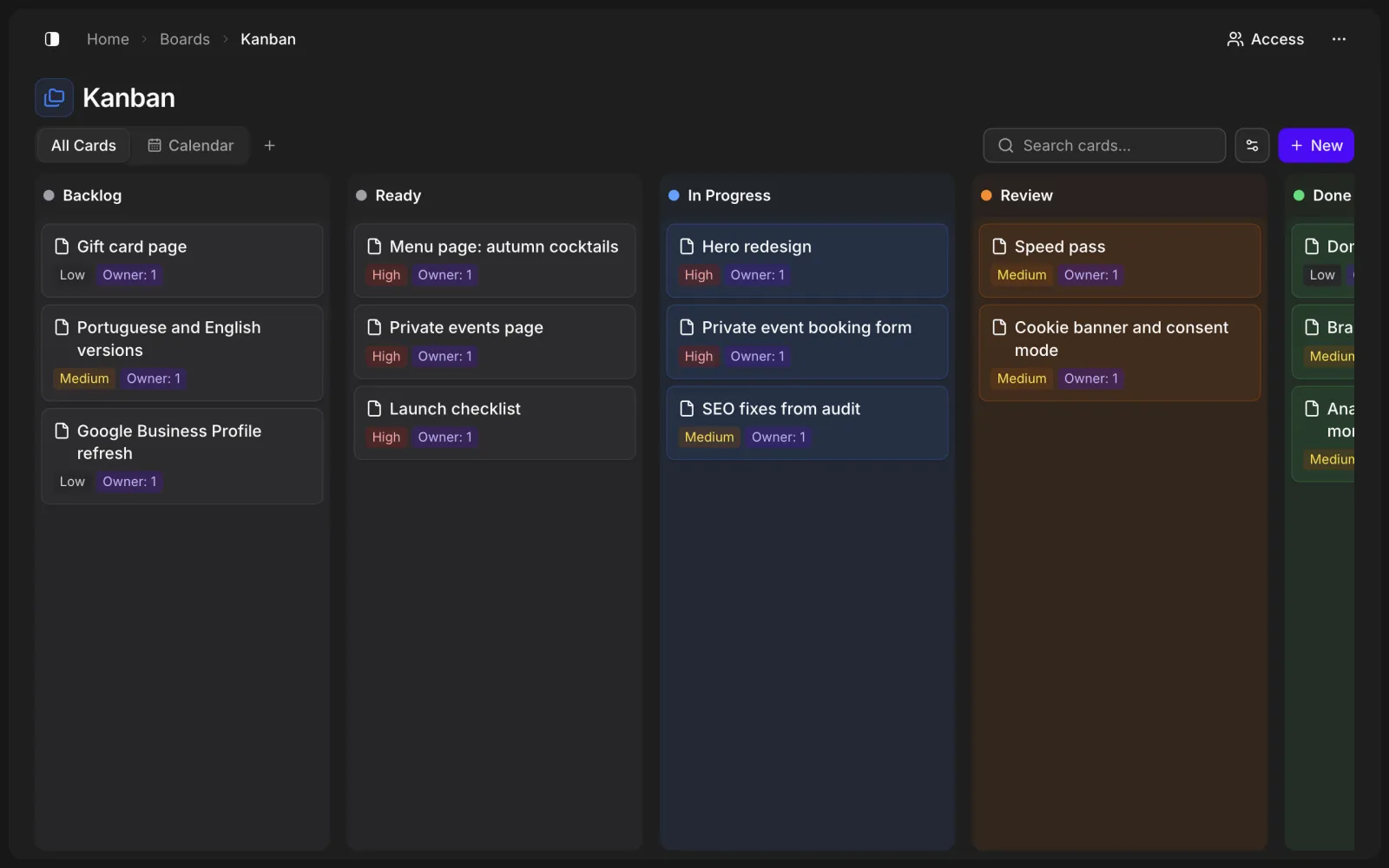 The Kanban board of a demo organization in SharpOS, with cards across Backlog, Ready, In Progress, Review and Done.
