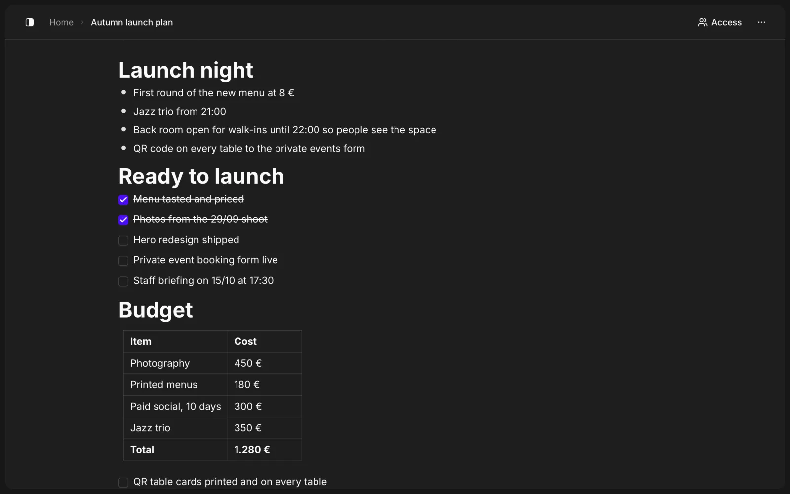 Uma página no editor de blocos numa organização de demonstração: um plano de lançamento com uma tabela de orçamento e uma checklist.