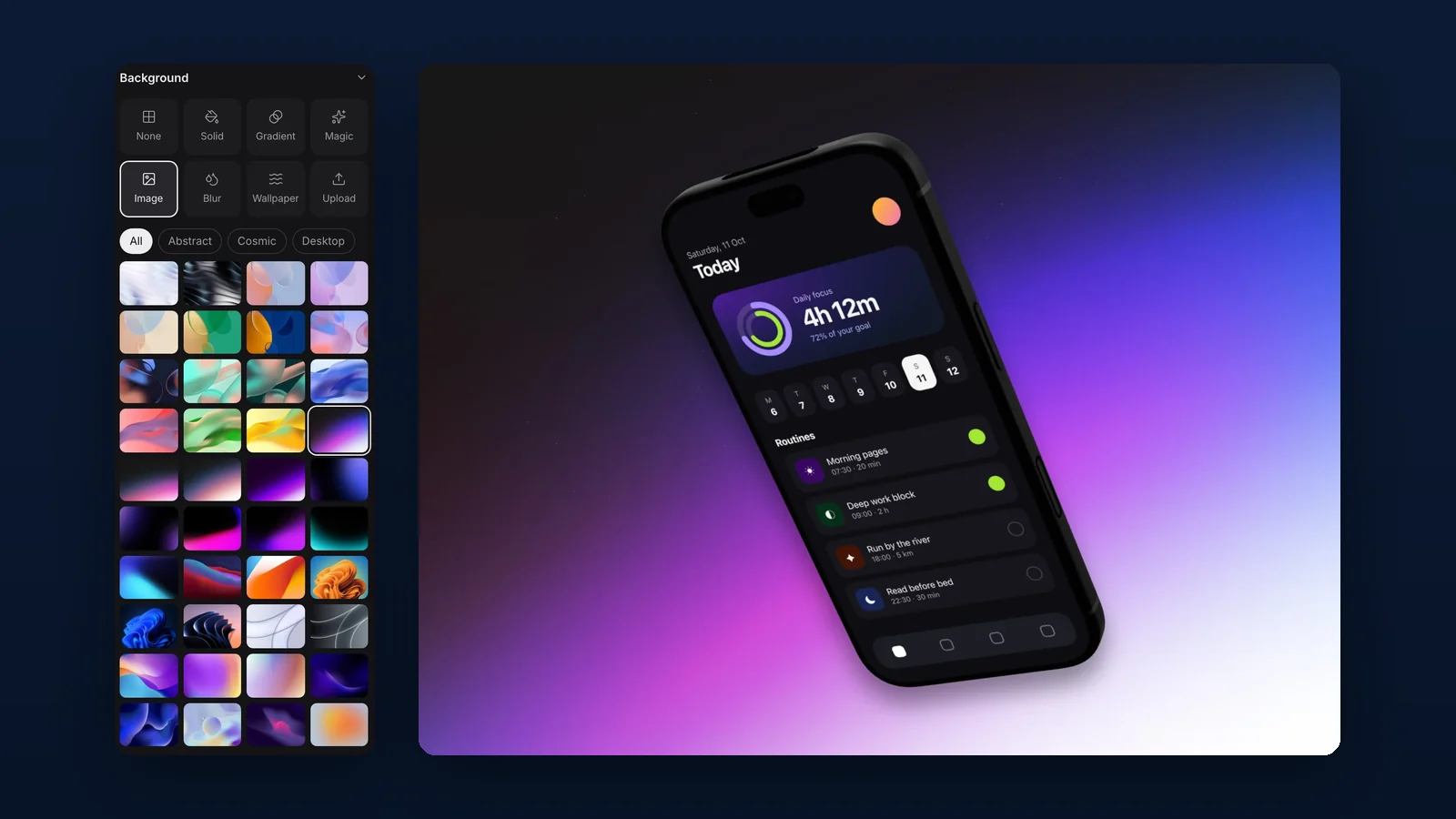 O painel Background com a sua grelha de wallpapers, ao lado da exportação Neon: um iPhone em vista isométrica sobre um fundo cósmico roxo.