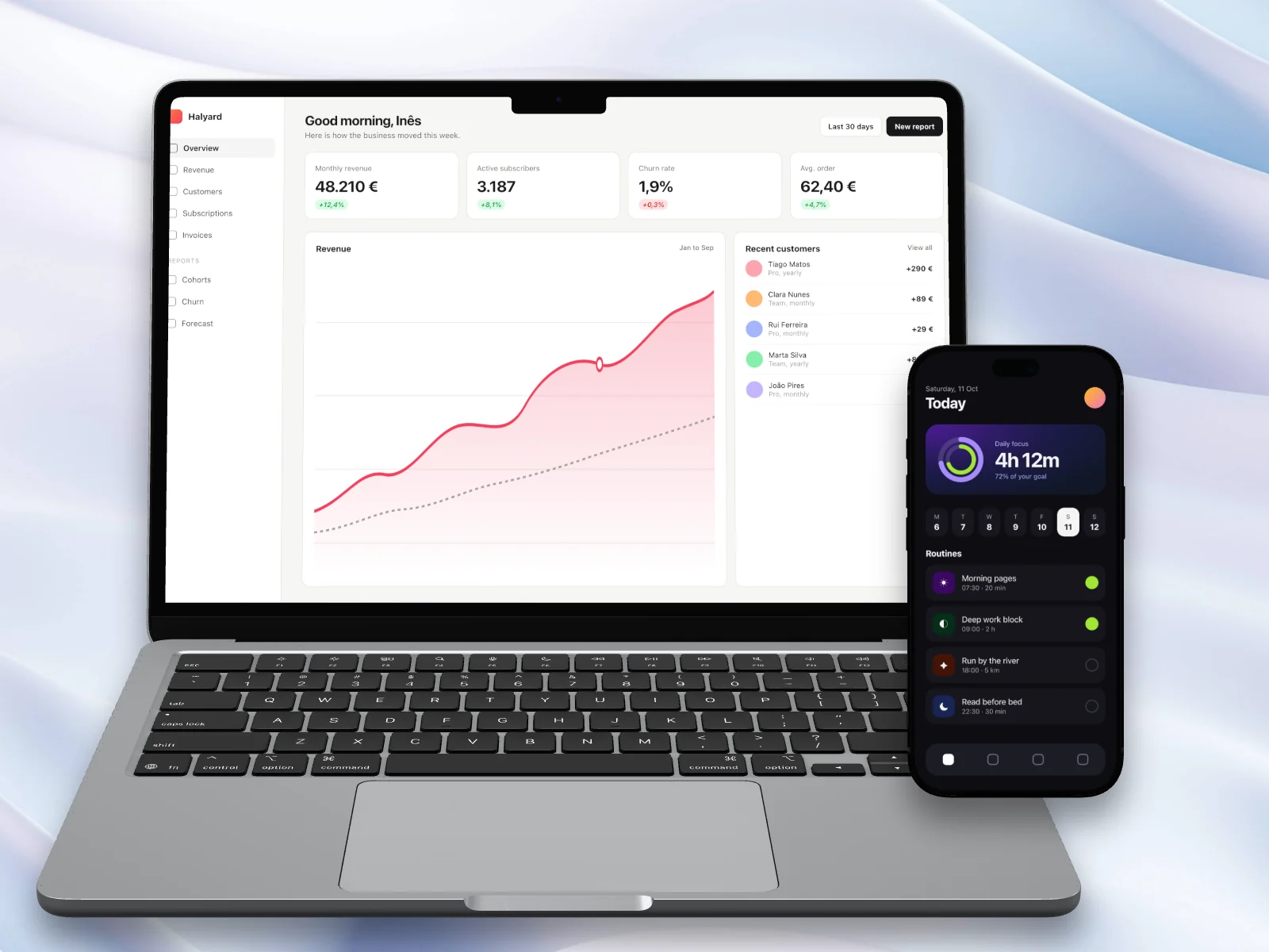A sample analytics dashboard on a MacBook, with a sample phone app on an iPhone in front of it, on a pale abstract wallpaper.