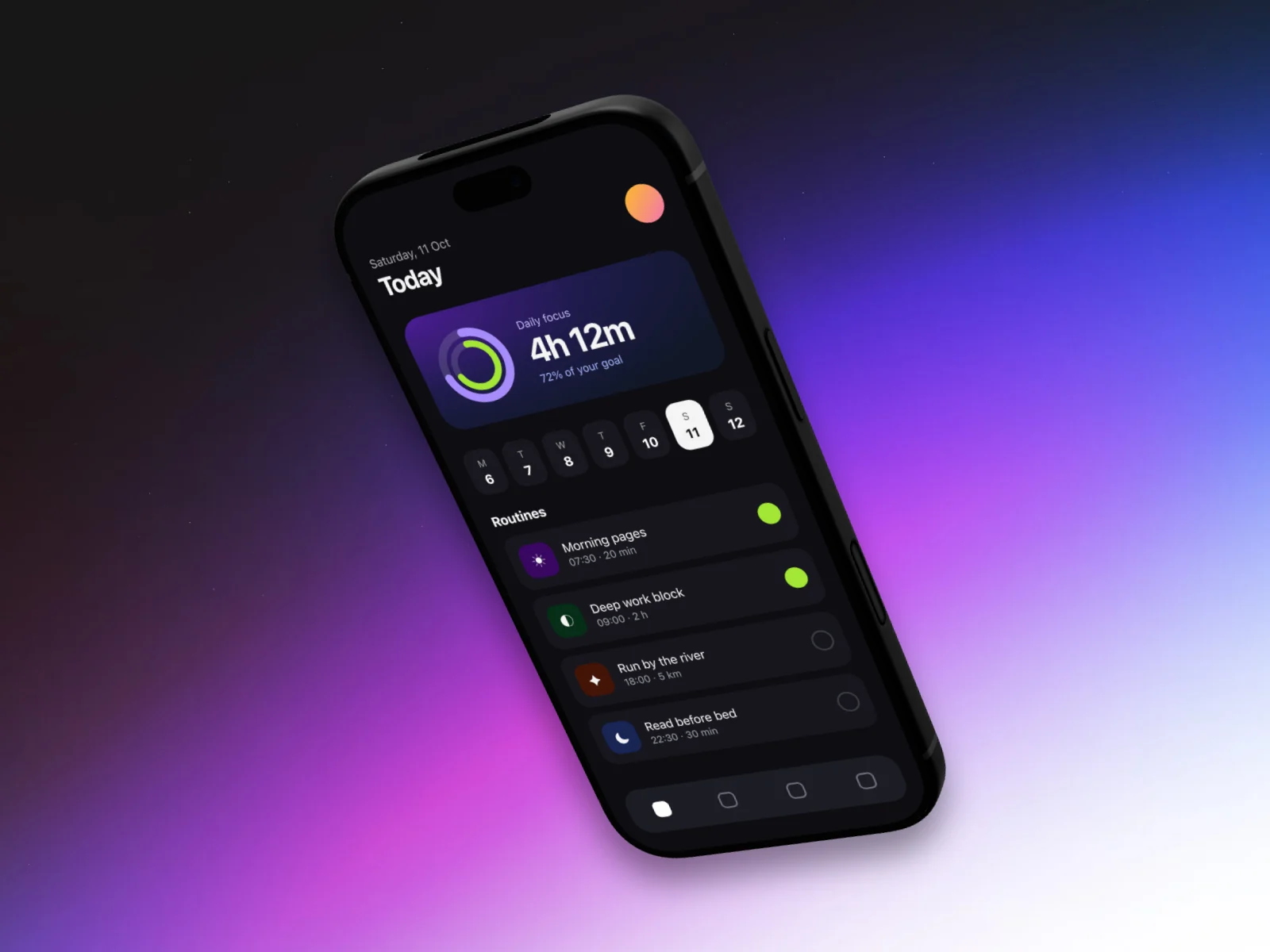 A sample phone app on a black iPhone turned isometric, on a purple and magenta cosmic wallpaper.