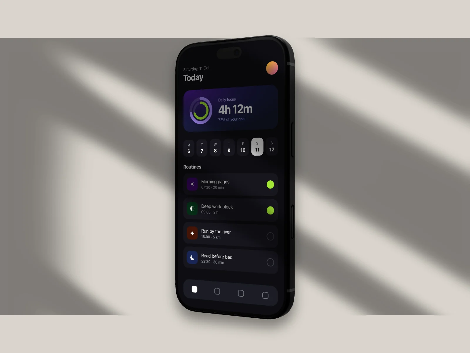 A sample phone app on a black iPhone, tilted left, with the shadow of a window falling across a stone-grey background.