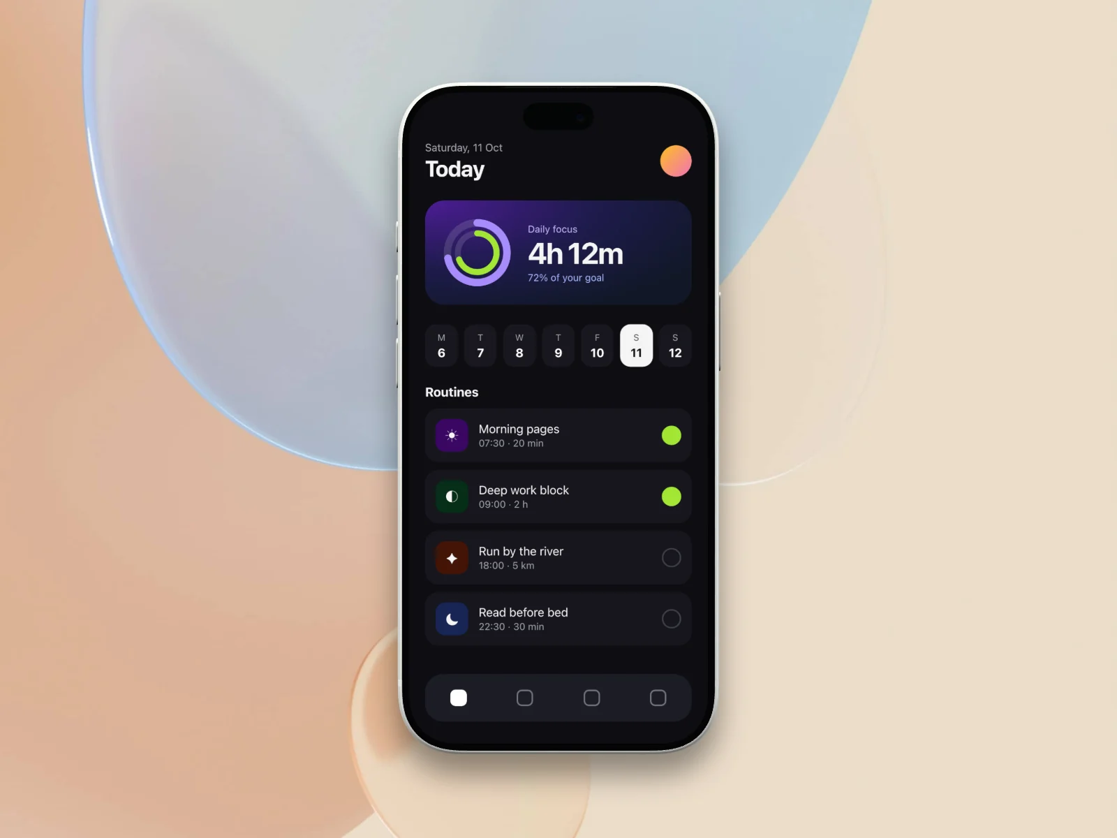 A sample phone app on a silver iPhone, centred on a peach and blue abstract wallpaper.