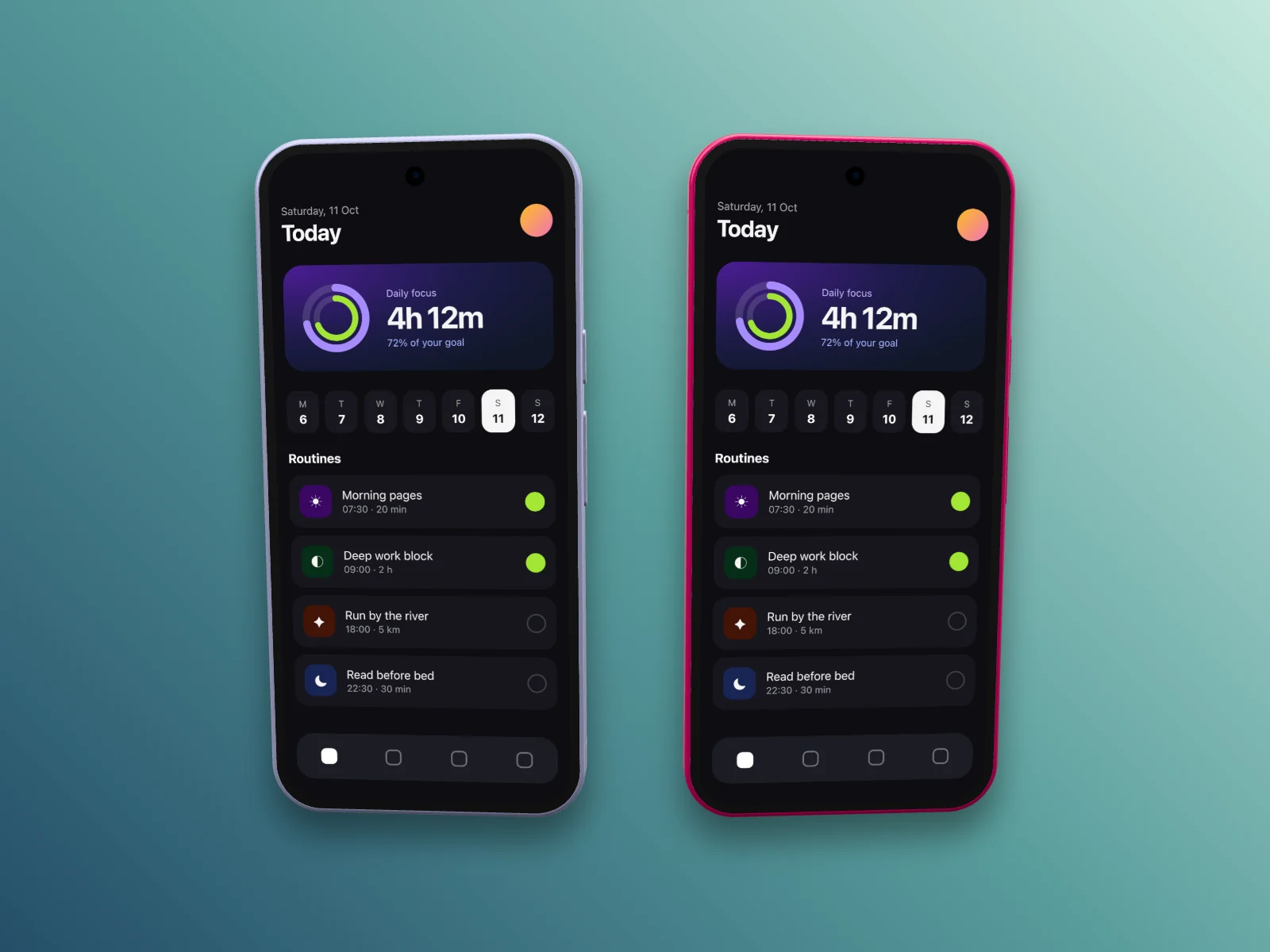 A mesma app de telemóvel de exemplo em dois telemóveis Pixel lado a lado, um branco e um rosa, sobre um gradiente verde-azulado.