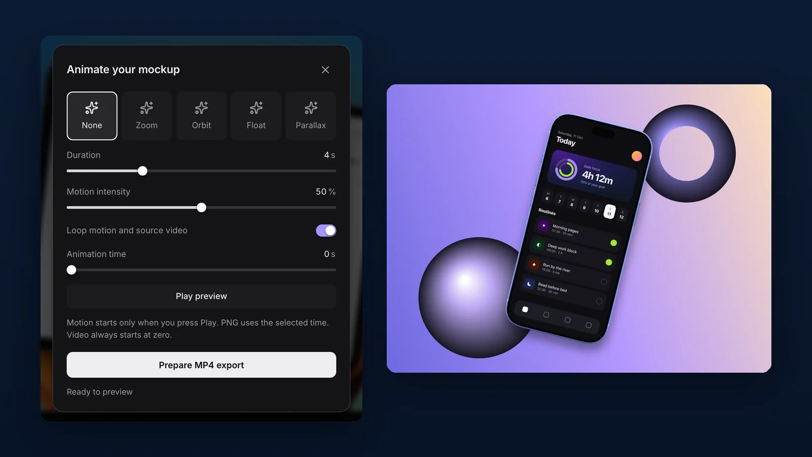 The Animate your mockup panel with the None, Zoom, Orbit, Float and Parallax presets, beside the Orbit export: a tilted iPhone between a sphere and a ring.