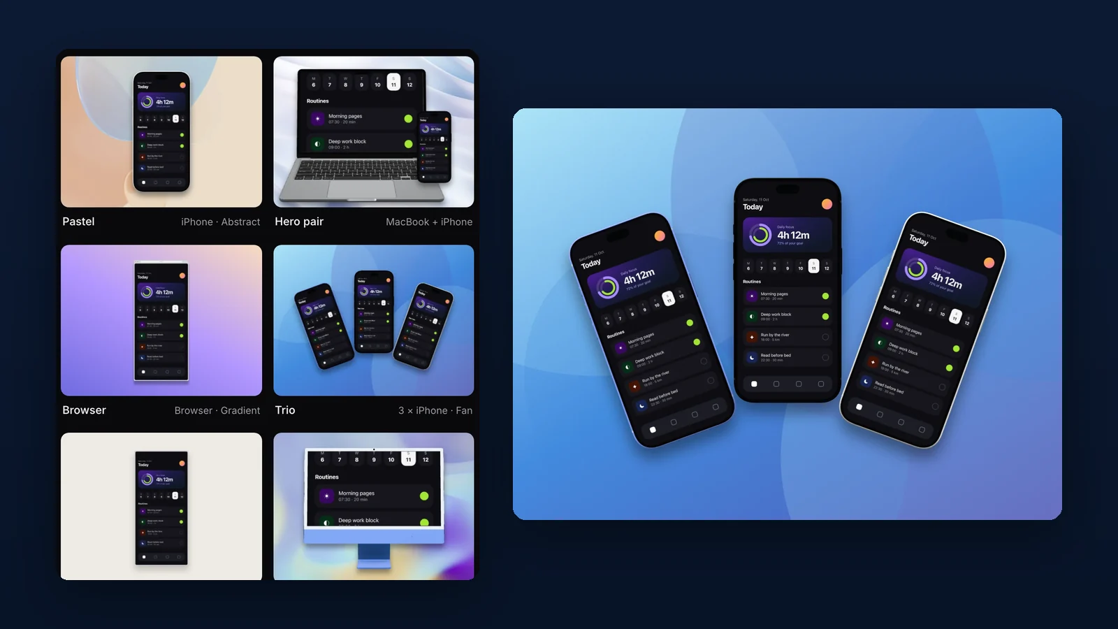 The template gallery in the SnapForge editor, beside the Trio export: three iPhones in a fan on a blue wallpaper.