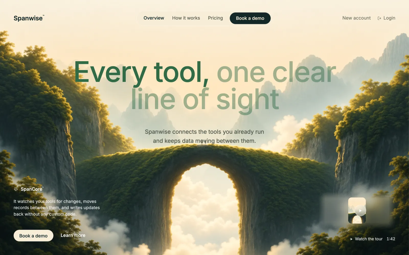 Rebuild: a stone arch above the clouds, a two-tone green headline, a glass video card and a pill-shaped menu, renamed Spanwise.