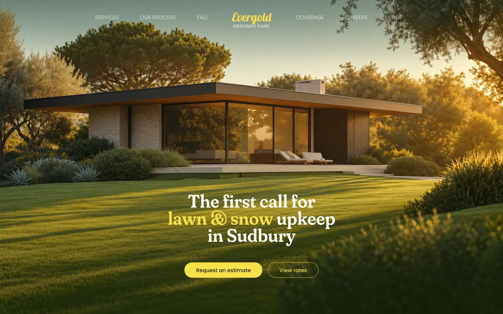 Rebuild: the same pavilion, lawn and evening light, a centred three-line serif headline and the new Evergold wordmark.